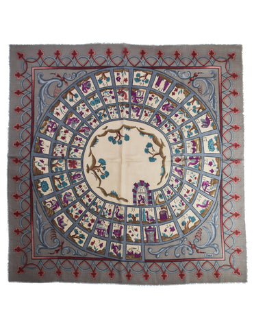 Chloe Vintage Wool Multicolor Le Jeu de L'oie Illustrated Novelty Massive Pashmina Shawl Scarf