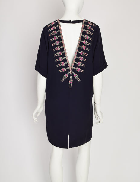 Chloe Vintage Beaded Royal Guard Novelty Blue Silk Tunic Dress
