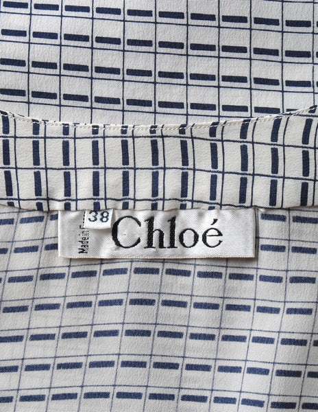 Chloé Vintage Navy Blue & Cream Grid Print Silk Top