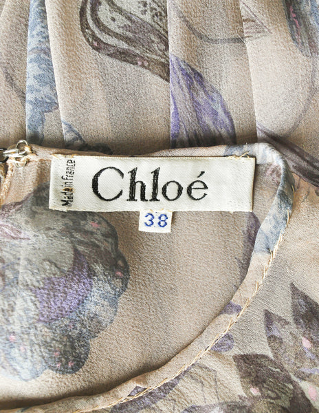Chloé Vintage AW 1977 Gorgeous Beige Silk Chiffon Floral Harvest Print Dress