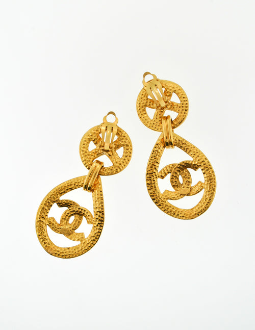 Chanel Gold Tone CC Logo Dangle Hoop Earrings, Chanel