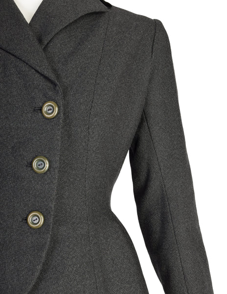 Christian Dior Vintage Early 1950s Tailored Grey Wool Black Velvet Double Breasted Hourglass Bar Jacket