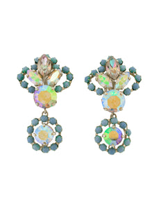 Christian Dior Vintage 1958 Blue Iridescent Aurora Borealis Rhinestone Dangling Earrings