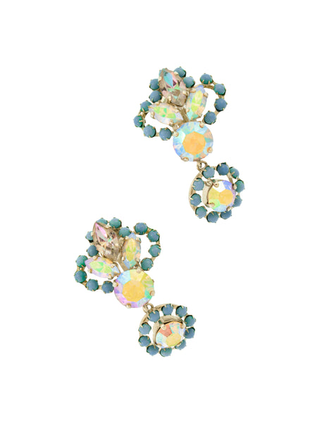 Christian Dior Vintage 1958 Blue Iridescent Aurora Borealis Rhinestone Dangling Earrings
