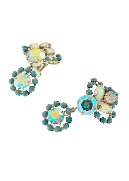 Christian Dior Vintage 1958 Blue Iridescent Aurora Borealis Rhinestone Dangling Earrings