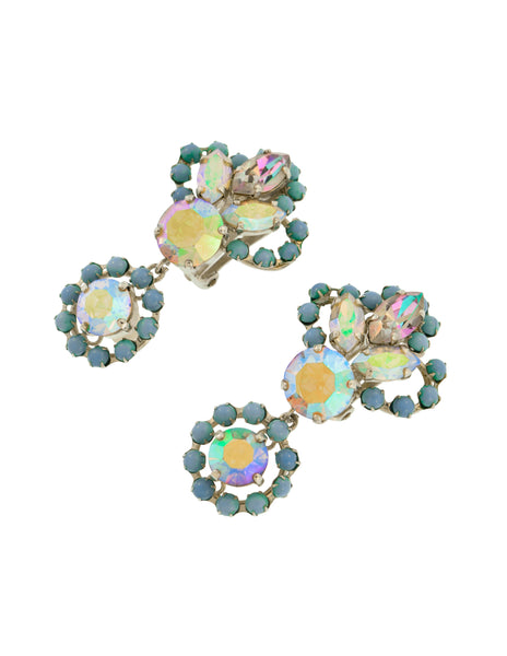 Christian Dior Vintage 1958 Blue Iridescent Aurora Borealis Rhinestone Dangling Earrings