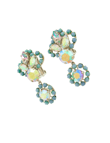 Christian Dior Vintage 1958 Blue Iridescent Aurora Borealis Rhinestone Dangling Earrings