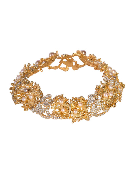 Christian Dior Vintage 1968 Gold Coral Strass Rhinestone Pearl Encrusted Choker Necklace