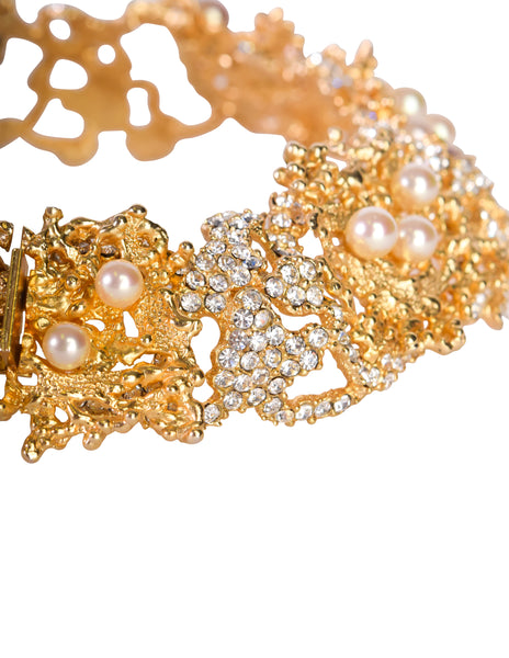 Christian Dior Vintage 1968 Gold Coral Strass Rhinestone Pearl Encrusted Choker Necklace