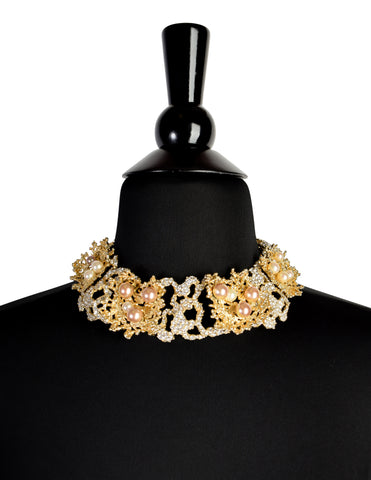 Christian Dior Vintage 1968 Gold Coral Strass Rhinestone Pearl Encrusted Choker Necklace