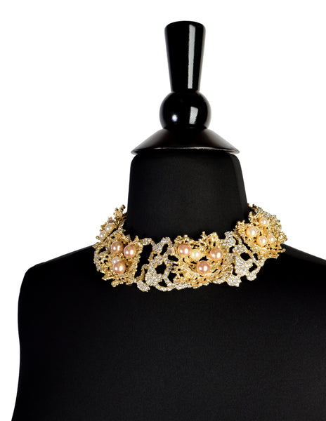 Christian Dior Vintage 1968 Gold Coral Strass Rhinestone Pearl Encrusted Choker Necklace