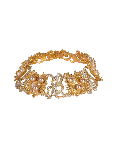 Christian Dior Vintage 1968 Gold Coral Strass Rhinestone Pearl Encrusted Choker Necklace