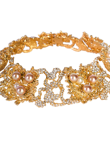 Christian Dior Vintage 1968 Gold Coral Strass Rhinestone Pearl Encrusted Choker Necklace