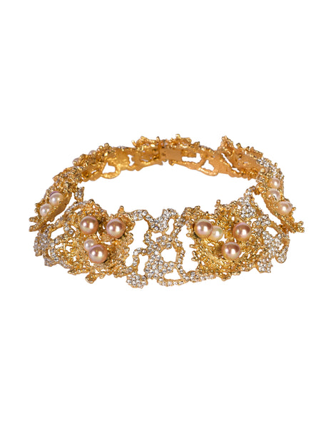 Christian Dior Vintage 1968 Gold Coral Strass Rhinestone Pearl Encrusted Choker Necklace