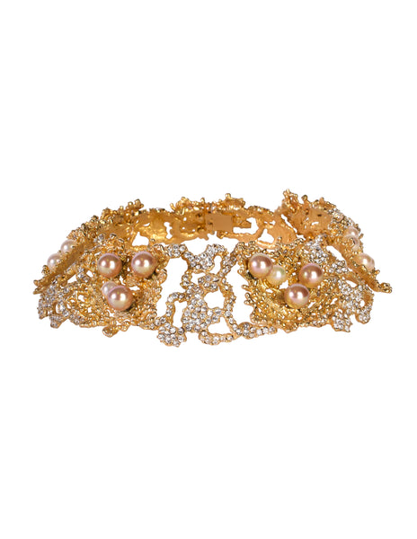 Christian Dior Vintage 1968 Gold Coral Strass Rhinestone Pearl Encrusted Choker Necklace