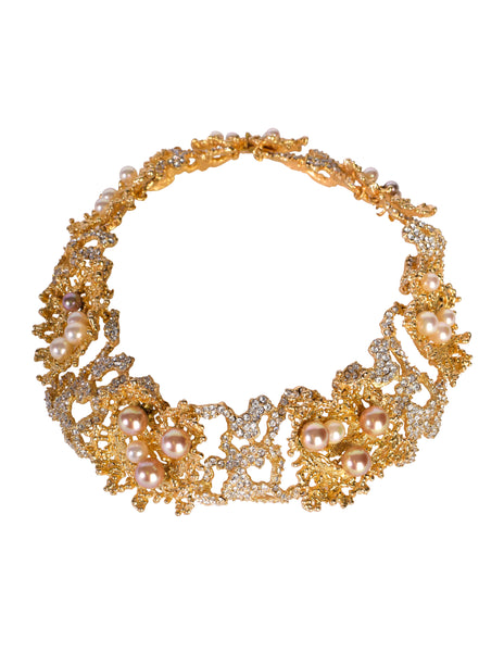 Christian Dior Vintage 1968 Gold Coral Strass Rhinestone Pearl Encrusted Choker Necklace