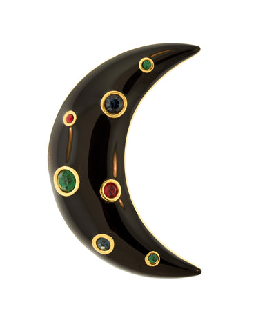 Christian Dior Vintage Black Enamel Gold Multicolor Rhinestone Crescent Moon Brooch Pin