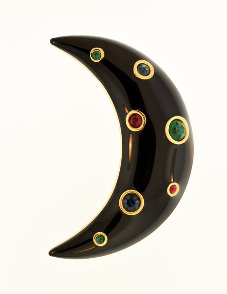 Christian Dior Vintage Black Enamel Gold Multicolor Rhinestone Crescent Moon Brooch Pin