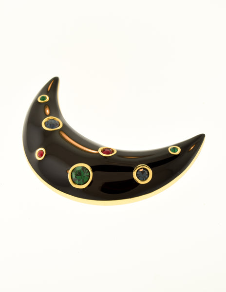 Christian Dior Vintage Black Enamel Gold Multicolor Rhinestone Crescent Moon Brooch Pin