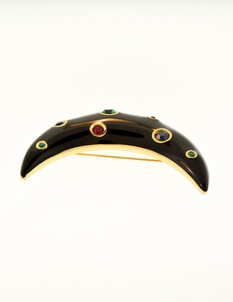 Christian Dior Vintage Black Enamel Gold Multicolor Rhinestone Crescent Moon Brooch Pin
