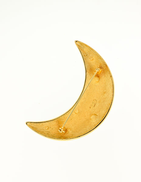 Christian Dior Vintage Black Enamel Gold Multicolor Rhinestone Crescent Moon Brooch Pin