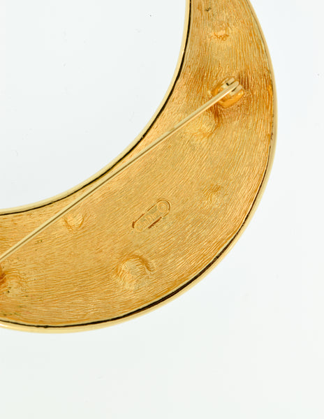 Christian Dior Vintage Black Enamel Gold Multicolor Rhinestone Crescent Moon Brooch Pin