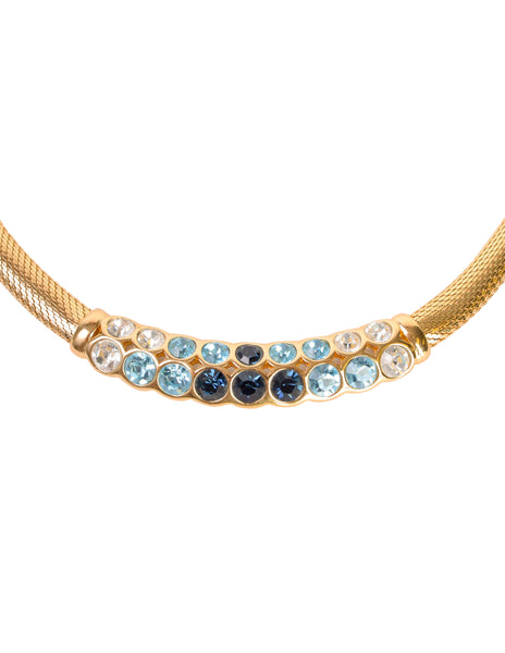Christian Dior Vintage Shades of Blue Rhinestones Golden Mesh Necklace