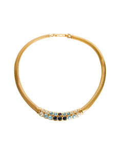 Christian Dior Vintage Shades of Blue Rhinestones Golden Mesh Necklace