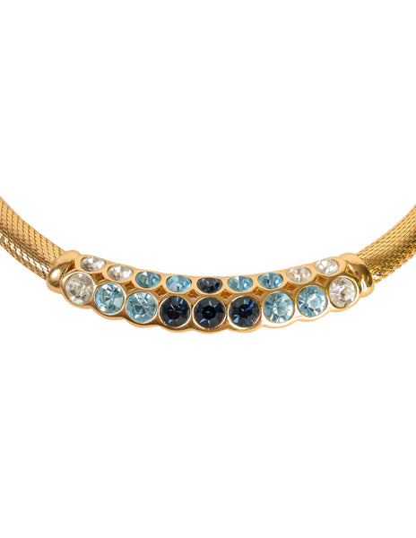 Christian Dior Vintage Shades of Blue Rhinestones Golden Mesh Necklace