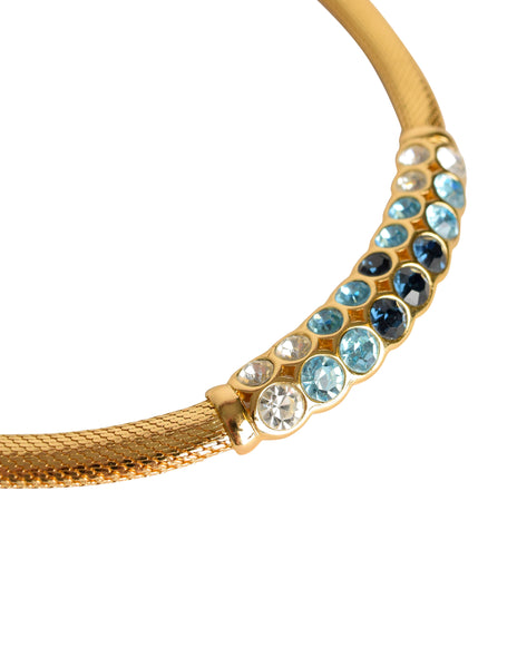 Christian Dior Vintage Shades of Blue Rhinestones Golden Mesh Necklace