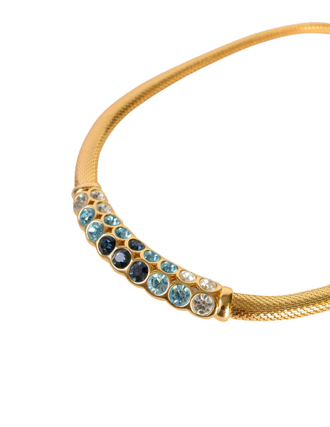 Christian Dior Vintage Shades of Blue Rhinestones Golden Mesh Necklace