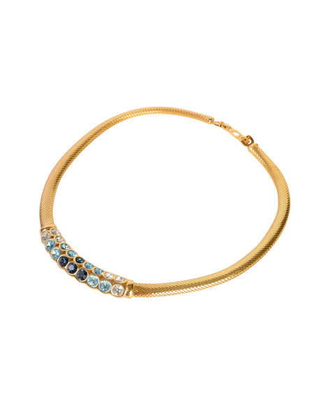 Christian Dior Vintage Shades of Blue Rhinestones Golden Mesh Necklace