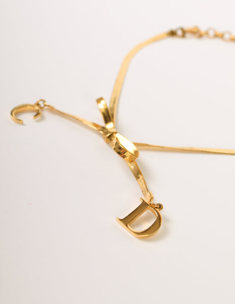 Christian Dior Vintage Golden Dangling CD Charm Bow Choker Necklace