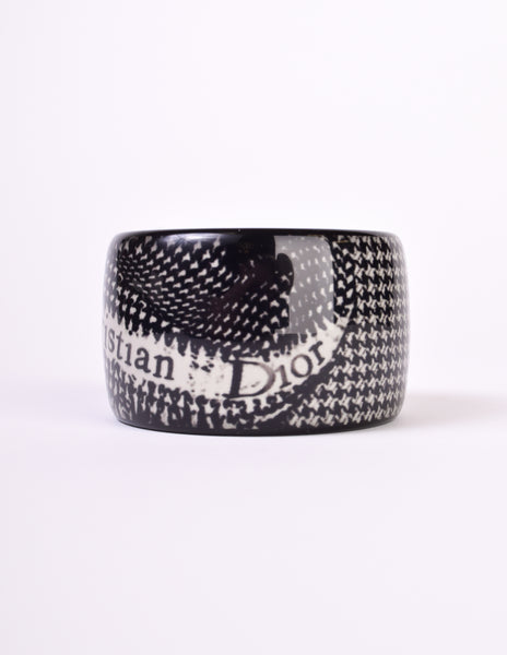 Christian Dior Vintage Black and White Houndstooth Resin Bangle Bracelet