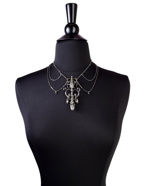 Christian Dior by John Galliano Vintage Gunmetal Silver Strass Multi-Chain Acorn Chandelier Necklace