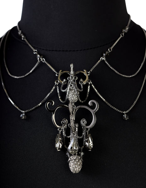 Christian Dior by John Galliano Vintage Gunmetal Silver Strass Multi-Chain Acorn Chandelier Necklace