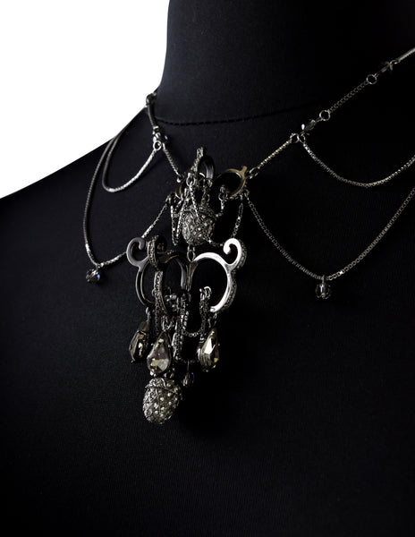 Christian Dior by John Galliano Vintage Gunmetal Silver Strass Multi-Chain Acorn Chandelier Necklace