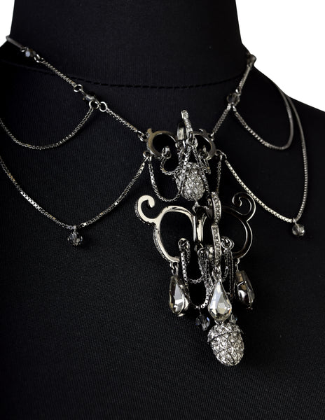 Christian Dior by John Galliano Vintage Gunmetal Silver Strass Multi-Chain Acorn Chandelier Necklace