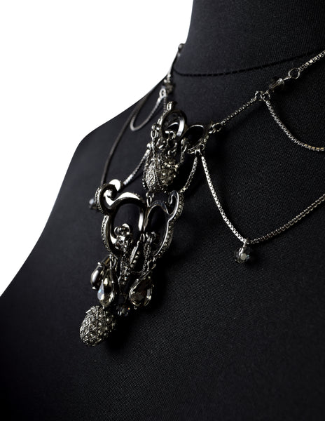 Christian Dior by John Galliano Vintage Gunmetal Silver Strass Multi-Chain Acorn Chandelier Necklace