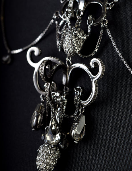 Christian Dior by John Galliano Vintage Gunmetal Silver Strass Multi-Chain Acorn Chandelier Necklace
