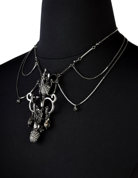 Christian Dior by John Galliano Vintage Gunmetal Silver Strass Multi-Chain Acorn Chandelier Necklace