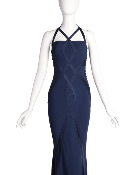 Christian Dior Vintage AW 2004 by John Galliano Navy Blue Bias Flare Silk Inlay Evening Gown