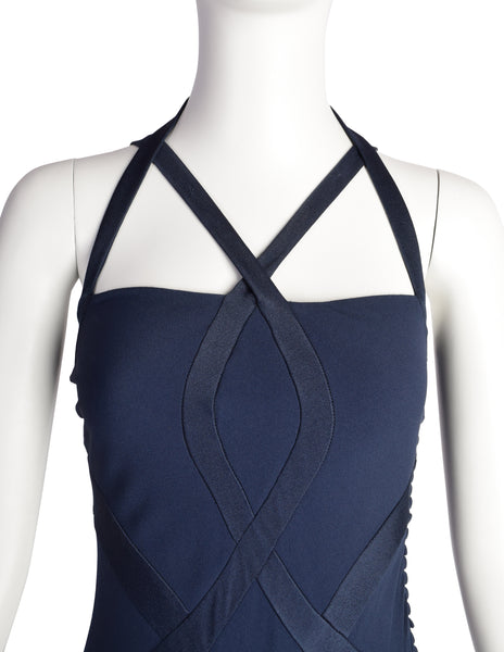 Christian Dior Vintage AW 2004 by John Galliano Navy Blue Bias Flare Silk Inlay Evening Gown