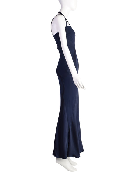 Christian Dior Vintage AW 2004 by John Galliano Navy Blue Bias Flare Silk Inlay Evening Gown