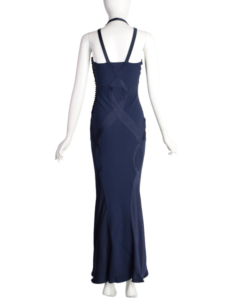 navy blue dior dress 2004 Christian Dior by Galliano Navy Sheer-Sleeves Bustier Dress
