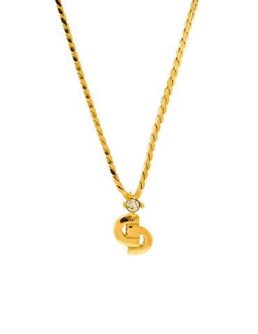 Christian Dior Vintage Gold Rhinestone Mini CD Logo Charm Chain Necklace