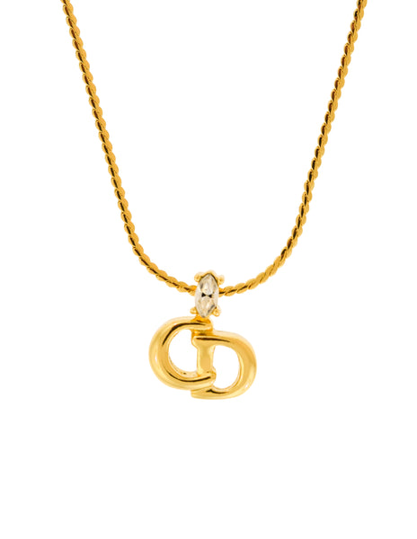 Christian Dior Vintage Gold Rhinestone CD Logo Charm Chain Necklace