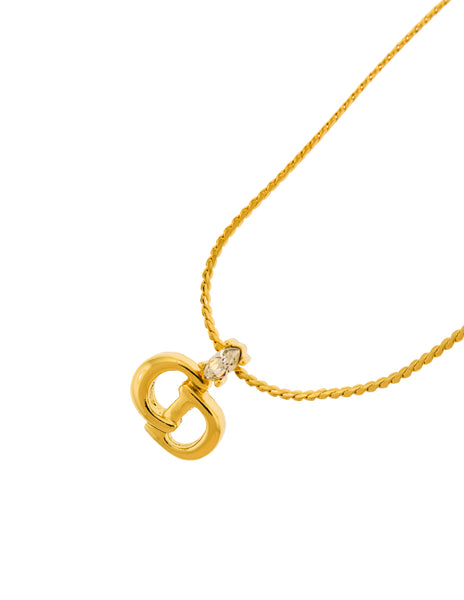 Christian Dior Vintage Gold Rhinestone CD Logo Charm Chain Necklace