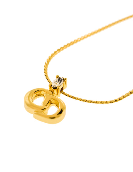 Christian Dior Vintage Gold Rhinestone CD Logo Charm Chain Necklace