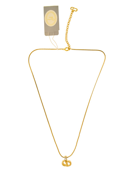 Christian Dior Vintage Gold Rhinestone CD Logo Charm Chain Necklace